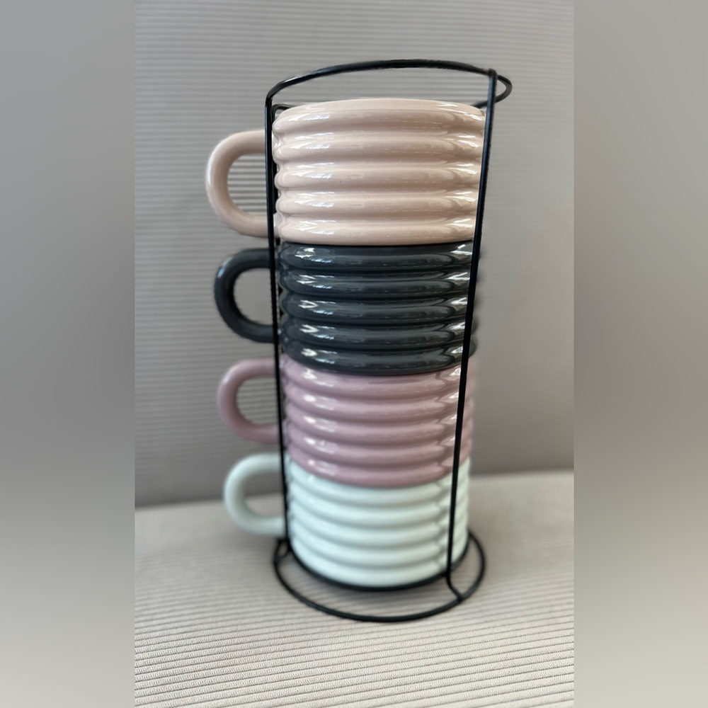 Elegant Ceramic Coffee Mug Set with Stand - Black, Pink, Cream